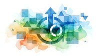 Abstract geometric composition with colorful overlapping shapes and central eye symbol on white background for modern digital design projects.