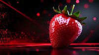 Fresh ripe strawberry on dark reflective surface with red bokeh lights and laser beam effects creating dramatic mood for food photography.