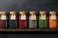 Glass jars with colorful legumes, beans and grains on wooden shelf against dark background. Cork lids and blank labels create organized pantry display.