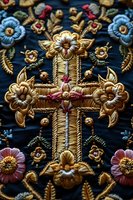 Ornate golden cross embroidered on dark fabric with floral motifs in blue and pink, featuring detailed religious needlework and metallic thread embellishments.