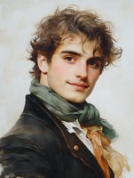 Young man with curly brown hair wearing historical costume including dark jacket and green cravat, painted in classical romantic style against light background.