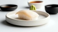 Fresh nigiri sushi with white fish on ceramic plate, served with soy sauce and wasabi for authentic Japanese dining experience.