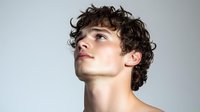 Young Caucasian male model with curly dark hair looking up against light background, profile view portrait showing defined jawline and contemplative expression.
