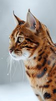 Beautiful Bengal cat profile in winter setting with falling snow, showcasing distinctive spotted coat pattern and intense golden eyes. Perfect for pet care, veterinary, or seasonal content.