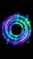 Glowing neon music equalizer with treble clef notes in purple blue green gradient on black background for audio visual design projects.