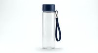 Clear plastic water bottle with navy blue cap and wrist strap isolated on white background for healthy lifestyle and hydration concepts.