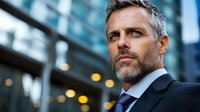Confident mature businessman with gray beard in suit standing outdoors near modern office building, professional corporate executive portrait.