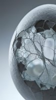 Cracked eggshell revealing complex cellular structure with spherical formations and intricate network patterns for scientific and medical concepts.