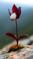 Single red and white wildflower growing from moss on rocky surface against blurred natural background, showing delicate petals and stem in macro photography.