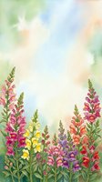Watercolor snapdragon flowers in pink, yellow, purple and red bloom against a soft pastel sky background with copy space for text.