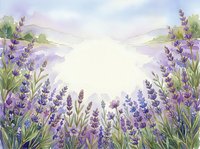 Watercolor lavender field frame with purple blooms and soft hills, featuring a white center copy space for text or design.