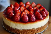 Fresh strawberry cheesecake with graham cracker crust and caramel drizzle topped with whole ripe berries arranged in concentric circles on wooden surface.