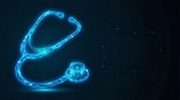 Glowing blue digital stethoscope on dark circuit board background, symbolizing medical technology, healthcare innovation, and telemedicine concepts.