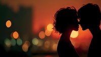Romantic couple silhouette against warm sunset city lights creating intimate moment for love and relationship concepts in urban evening atmosphere.