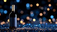 Wine bottle silhouette against dark background with blue and gold bokeh lights creating magical festive atmosphere. Elegant drink presentation for celebrations.
