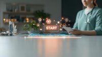 Medical professional using futuristic holographic interface with start button and connected icons, wearing scrubs in modern healthcare setting with bokeh lights.