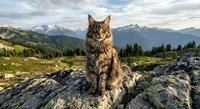 Maine Coon cat sitting on rocky mountain summit with snow-capped peaks and alpine meadows in background during golden hour sunset light.