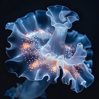 Luminescent jellyfish with translucent blue frills floating in dark waters, glowing with bioluminescent orange and white spots creating ethereal underwater light display.