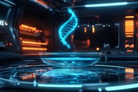 Glowing blue DNA helix hologram floating above futuristic platform with neon orange accents in dark sci-fi laboratory environment, modern genetic research concept.
