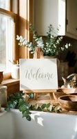 Wooden easel with a welcome sign on a rustic kitchen counter, eucalyptus branches, wooden bowls, and a cat by a sunny window.