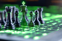Chess pieces on digital circuit board background with glowing green king piece representing strategy and artificial intelligence in modern technology.