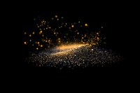 Magical golden glitter explosion with sparkling dust particles and bokeh lights on black background, creating ethereal festive atmosphere.