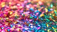 Vibrant rainbow metallic confetti pieces scattered on dark surface creating festive bokeh effect, macro shot with selective focus for celebration backgrounds.