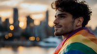 Young Hispanic man wrapped in rainbow pride flag smiling against urban sunset skyline with bokeh lights, expressing joy and authenticity during pride celebration.