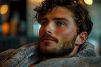 Young Caucasian man with beard and blue eyes relaxing under warm evening lighting, wrapped in cozy gray blanket. Atmospheric portrait with soft bokeh background.