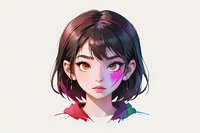 Young Asian woman with short black hair and glowing pink eye effect against light background, stylized digital art portrait with vibrant color splashes.