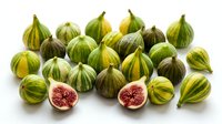 Fresh ripe figs collection with green striped skin and red flesh isolated on white background for healthy eating and Mediterranean cuisine designs.