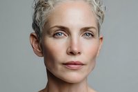 Close-up portrait of mature woman with short gray curly hair and blue eyes against neutral background, showcasing natural beauty and confidence.