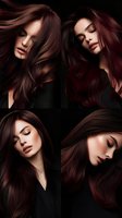 Young woman with flowing mahogany hair in four artistic poses against black background, showcasing luxurious haircare and beauty styling for salon advertising.
