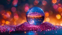 Crystal ball on glittering surface reflects city lights against dark background with magical bokeh effect in orange and pink tones creating dreamy atmosphere.