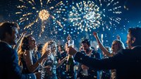 Group of diverse people celebrating with champagne glasses raised against spectacular fireworks display in night sky during festive party or New Year event.
