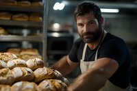 Bearded male baker in black t-shirt and apron arranging fresh artisanal bread loaves on bakery display shelves. Warm ambient lighting creates authentic atmosphere.