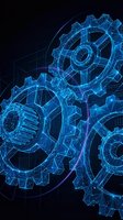 Digital wireframe gears mechanism with glowing blue neon lines on dark background. Futuristic technology concept for engineering and industrial design projects.