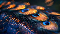 Macro shot of peacock feathers with water drops in dark blue and orange tones, showing iridescent eye spots illuminated by glowing bokeh lights.