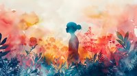Young Asian woman silhouette standing among wild flowers and plants against vibrant watercolor sunset background in coral and turquoise tones, dreamy artistic composition.