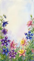 Watercolor columbine flowers in purple, pink, blue and yellow bloom on a soft pastel background with copy space for greeting cards.