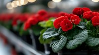 Vibrant red cyclamen flowers with dark green textured leaves in greenhouse nursery rows, selective focus creates dreamy bokeh background effect.