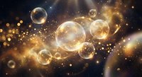 Golden soap bubbles floating in cosmic space with sparkling lights and bokeh effects creating magical atmosphere for luxury beauty concepts.