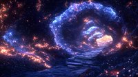Mystical stairway leading through cosmic portal in deep space, swirling blue and purple nebula formation with glowing orange stars creating magical pathway.