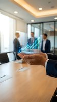 Businessman holding glowing holographic growth chart in modern boardroom with colleagues, symbolizing financial success and data analytics.