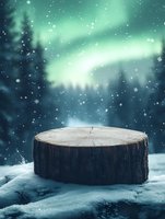 Magical winter night scene with tree stump platform against aurora borealis sky and falling snow, creating mystical atmosphere for product display or festive design.