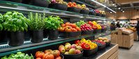 Fresh organic vegetables and fruits displayed on modern grocery store shelves with herbs in pots for healthy shopping and nutrition concepts.