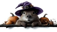 Adorable groundhog wearing purple witch hat peeking over edge with autumn pumpkins and dried branches in Halloween themed composition on white background.