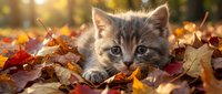 Tabby kitten playing among vibrant autumn leaves in golden sunlight, perfect for seasonal pet and nature content.