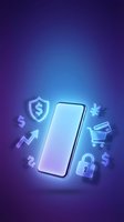 Smartphone with glowing neon financial icons including shield, lock, cart, and currency symbols on dark purple background for fintech design.