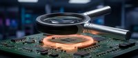 Magnifying glass examining glowing computer processor chip on circuit board. Technology analysis, hardware inspection, electronic component research concept.